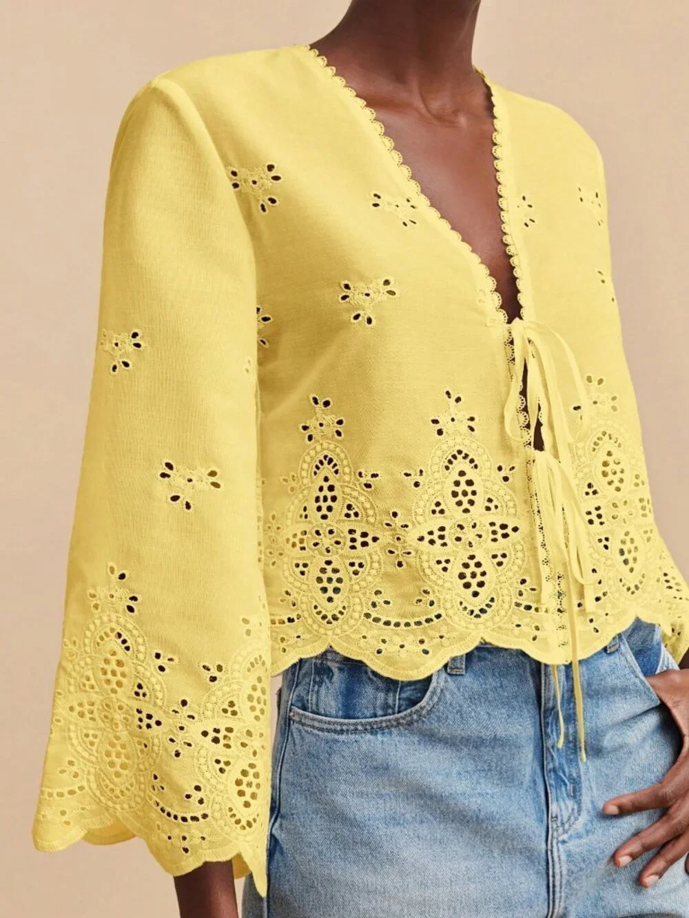 Yellow Boho Women's Flare Sleeve V-Neck Blouse with Tie Front